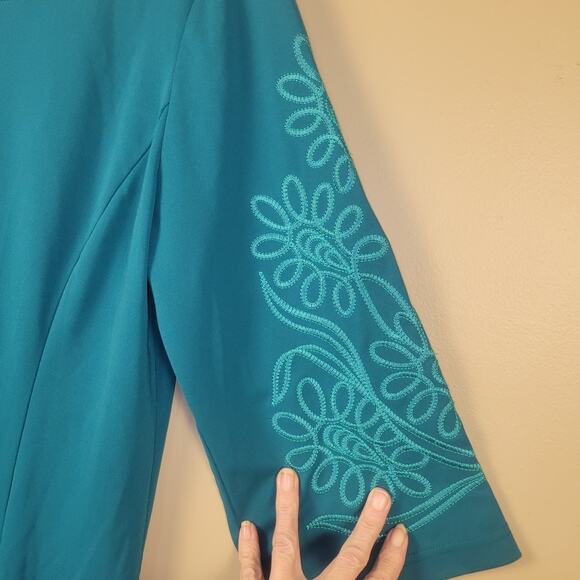 Bob Mackie Floral Embroidered Art To Wear Shift Dress Teal Blue Stretch Size L - Picture 2 of 8